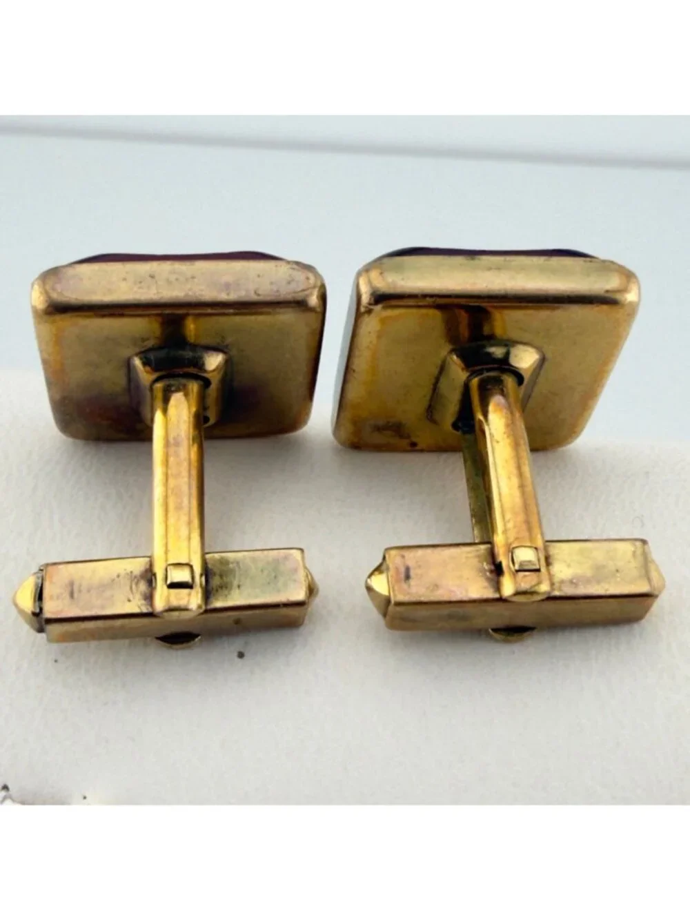 Vintage Red Glass Square Cufflinks Gold Tone Mid Century Wedding